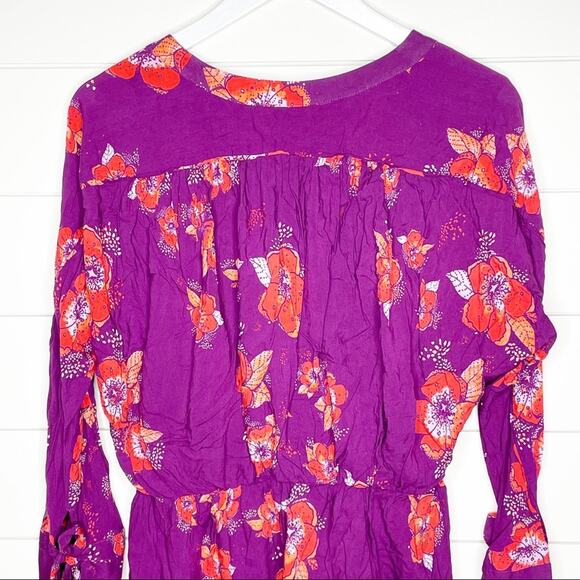 Free People Tuscan Dreams Floral Print Tie Sleeve Tunic Plum Orange XS - Picture 9 of 11